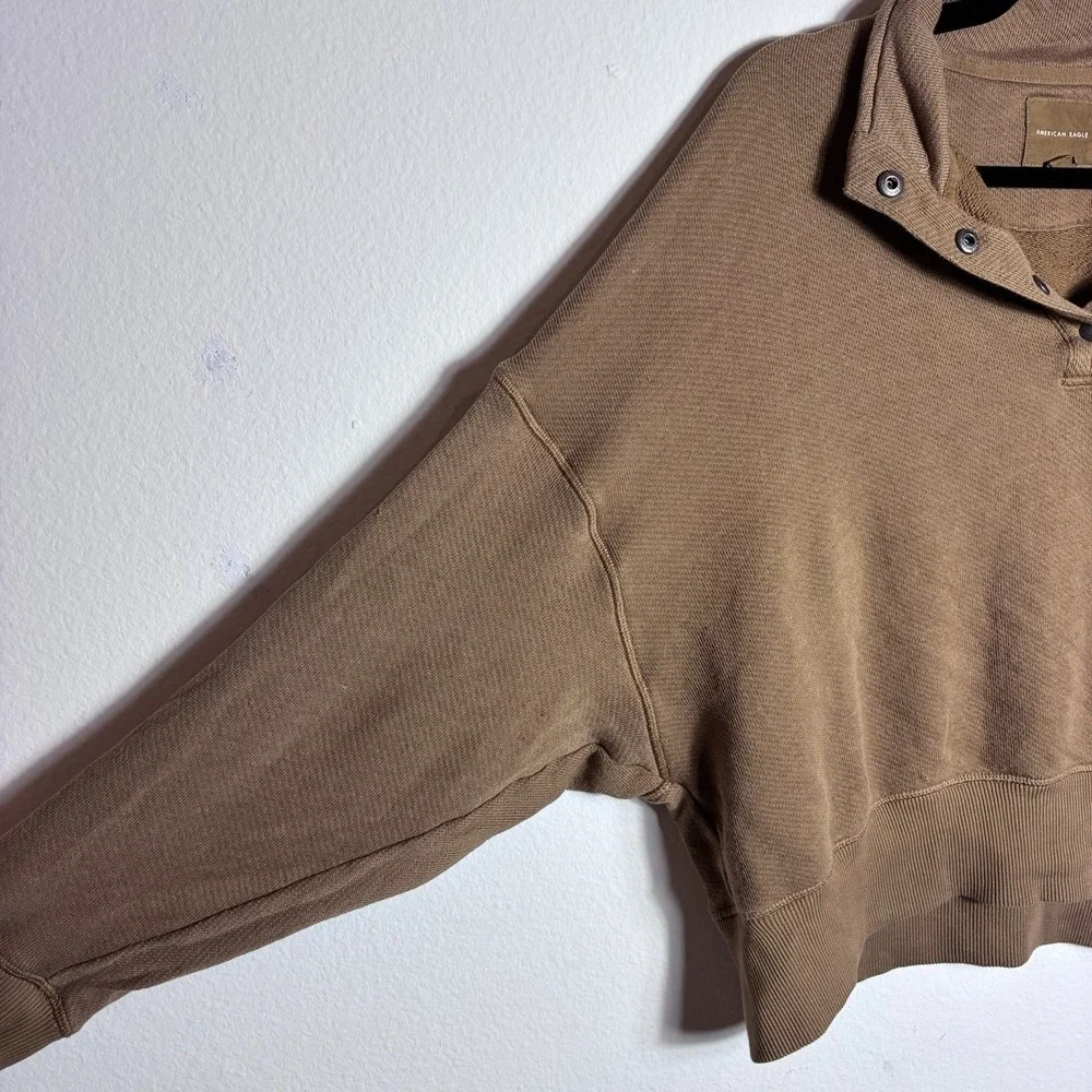 American Eagle Oversized Snap Neck Pullover Sweatshirt‎ Camel Tan Large Coastal
